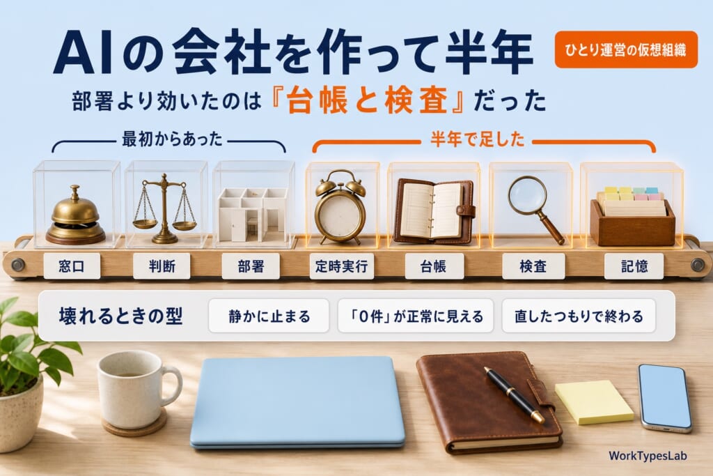 Claude Codeで作ったAIの会社の半年を1枚にした図解。窓口・判断・部署の3つは最初からあり、定時実行・台帳・検査・記憶の4つを半年で足した。下段は壊れるときの型3つ（静かに止まる・「0件」が正常に見える・直したつもりで終わる）