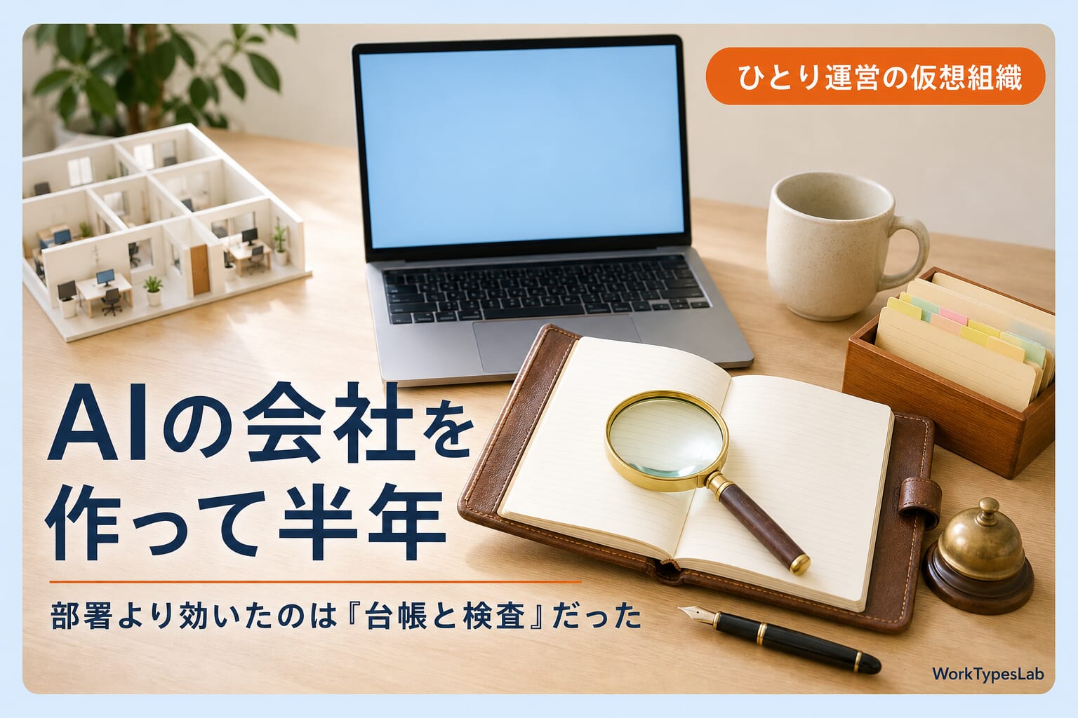机の上の帳簿・虫眼鏡・索引カード箱と小さな部署の模型で、AIの会社を半年運営して効いたのが台帳と検査だったことを表したアイキャッチ