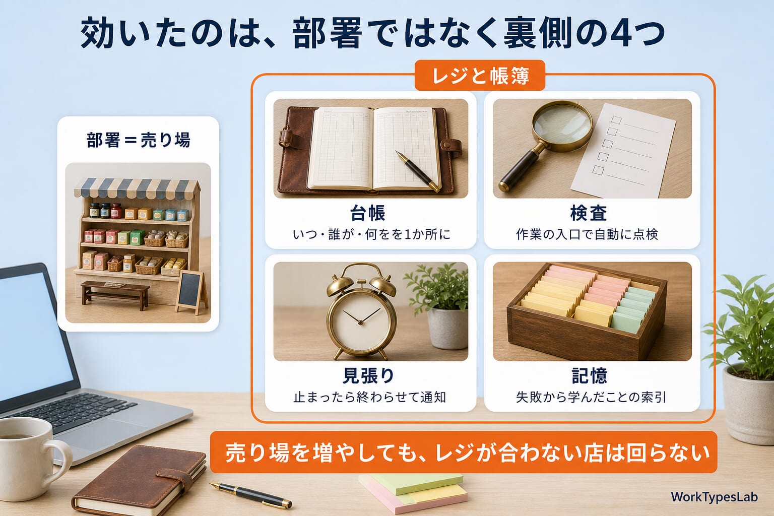 AIの会社で効いたのは部署ではなく台帳・検査・見張り・記憶の4つだったことを示す図