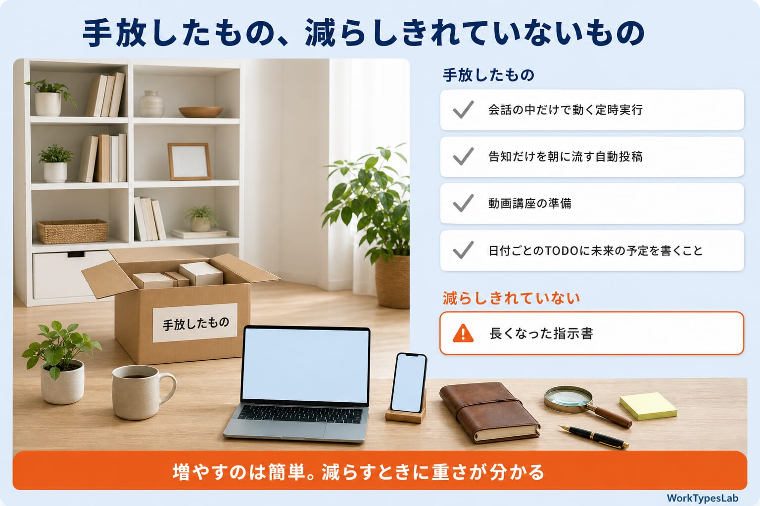 AIの会社の運営で手放したものと減らしきれていないものを示す図