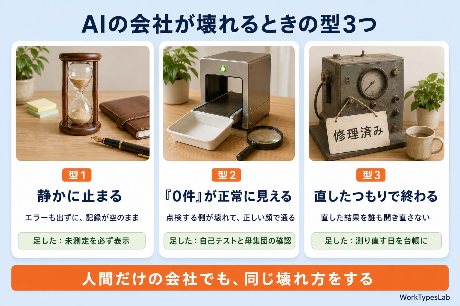 AIの会社が壊れるときの3つの型(静かに止まる・0件が正常に見える・直したつもり)の図