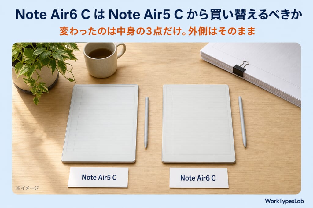 BOOX Note Air6 CとNote Air5 Cを同じ大きさで並べた机のイメージ｜変わったのは中身の3点だけ