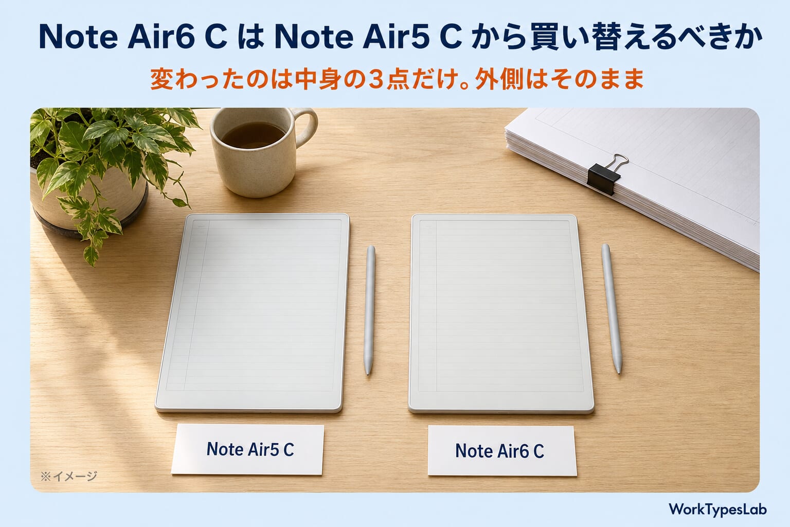 BOOX Note Air6 CとNote Air5 Cを同じ大きさで並べた机のイメージ|変わったのは中身の3点だけ