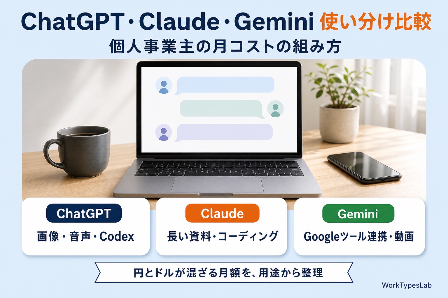 ChatGPT・Claude・Gemini 使い分け比較|個人事業主の月コストの組み方