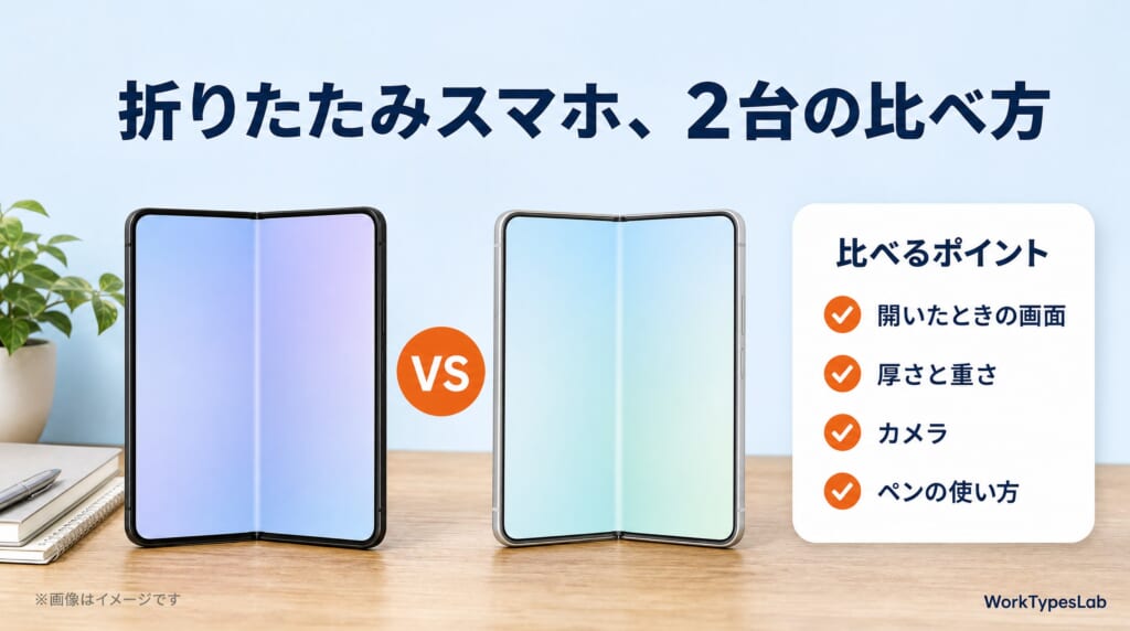 机の上に左右に開いたブック型の折りたたみスマホ2台をVSで並べ、開いたときの画面・厚さと重さ・カメラ・ペンの使い方の4つの比べるポイントを示した図解（画像はイメージ）