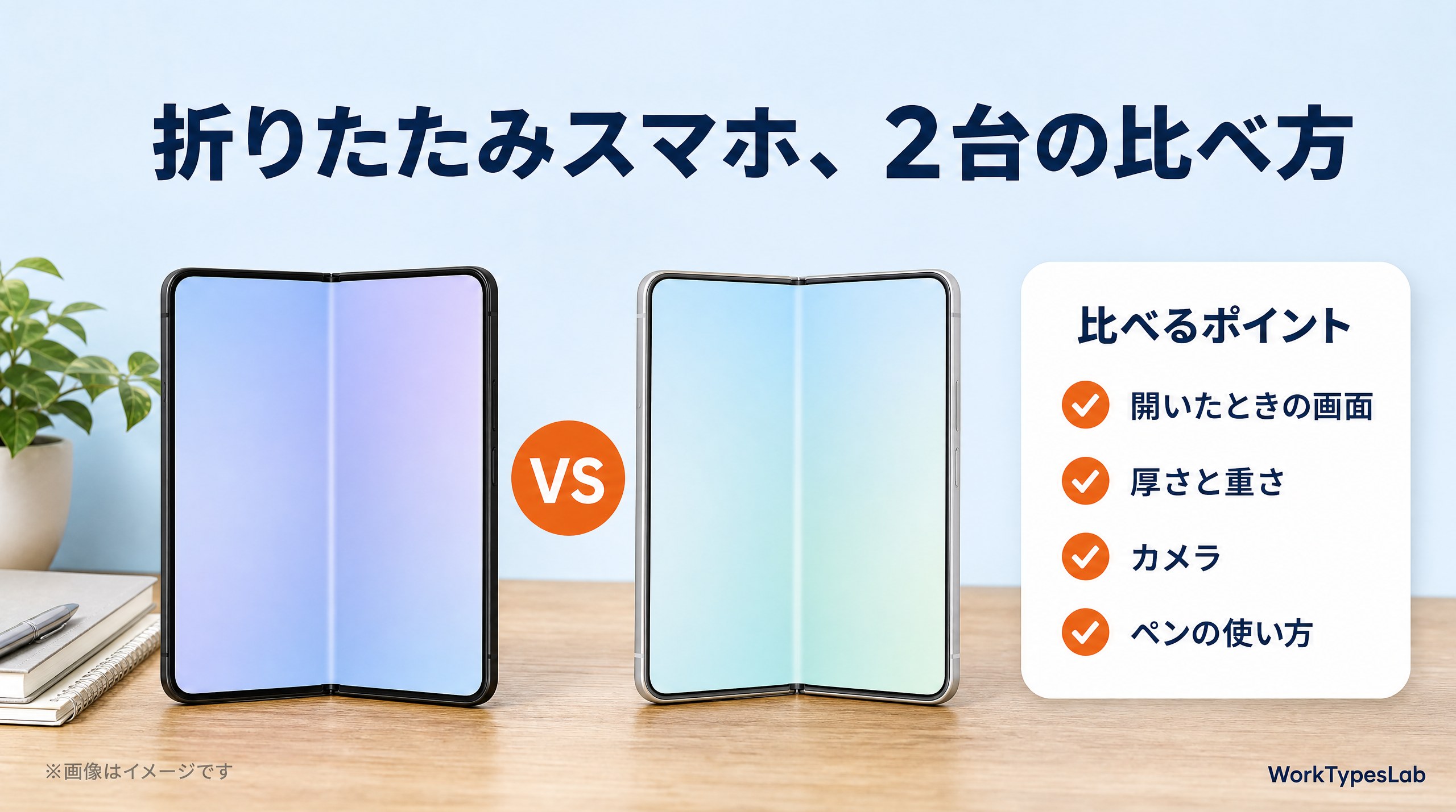 机の上に左右に開いたブック型の折りたたみスマホ2台をVSで並べ、開いたときの画面・厚さと重さ・カメラ・ペンの使い方の4つの比べるポイントを示した図解（画像はイメージ）