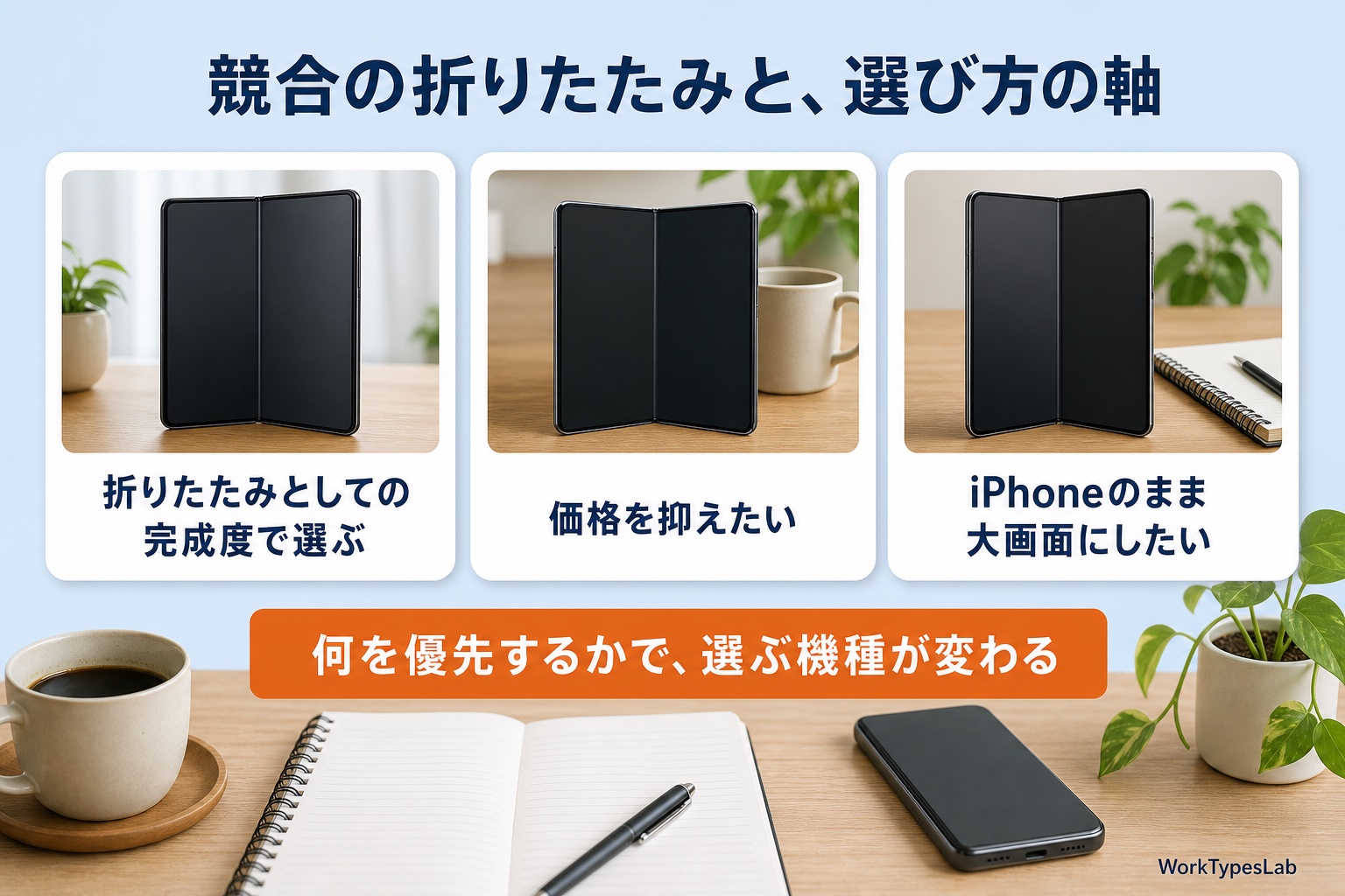 折りたたみスマホの選び方の軸（完成度・価格・iPhoneのまま大画面）