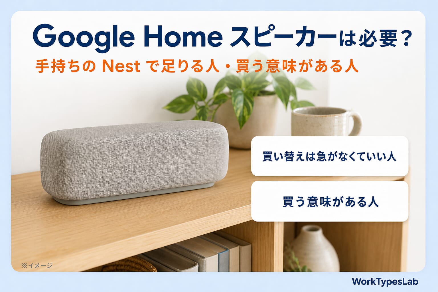 Google Home スピーカーは必要か。手持ちのNestで足りる人と、買う意味がある人を分けて考える記事のアイキャッチ（スピーカーはイメージ）