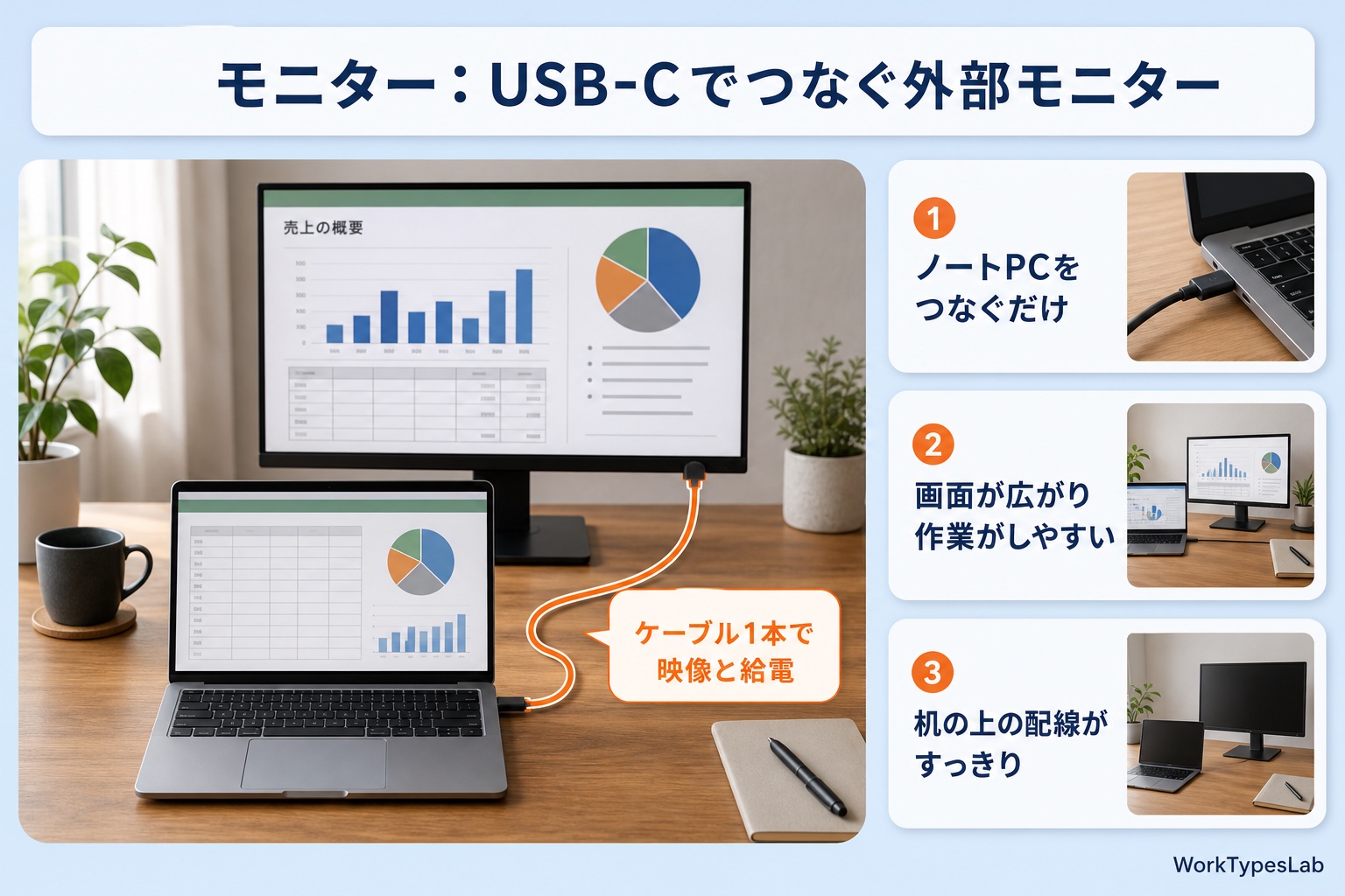 ノートPCと外部モニターをUSB-Cケーブル1本でつなぎ、映像と給電をまとめる様子の図解