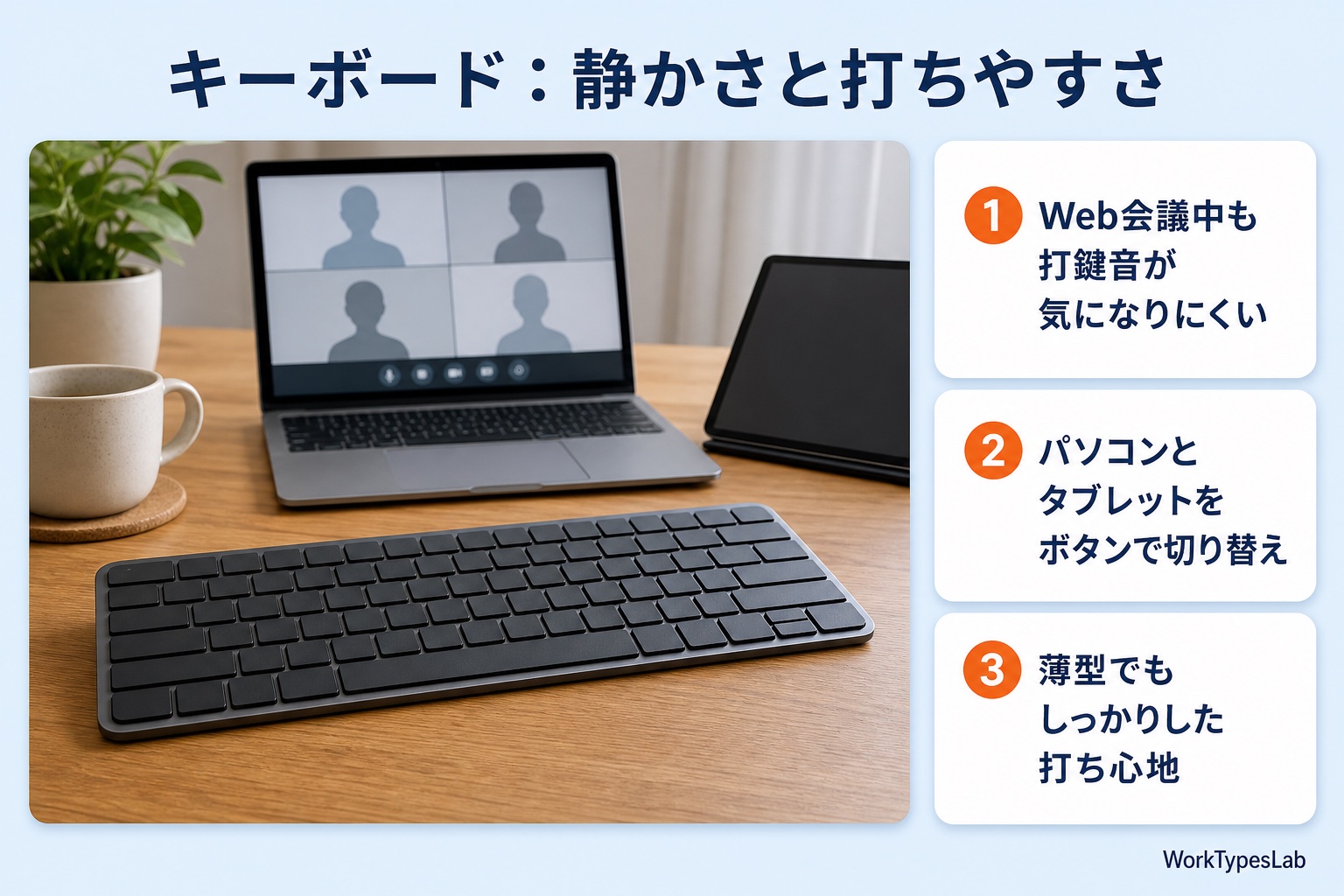 Web会議中のノートPCとタブレットの手前に置いた薄型ワイヤレスキーボードの図解