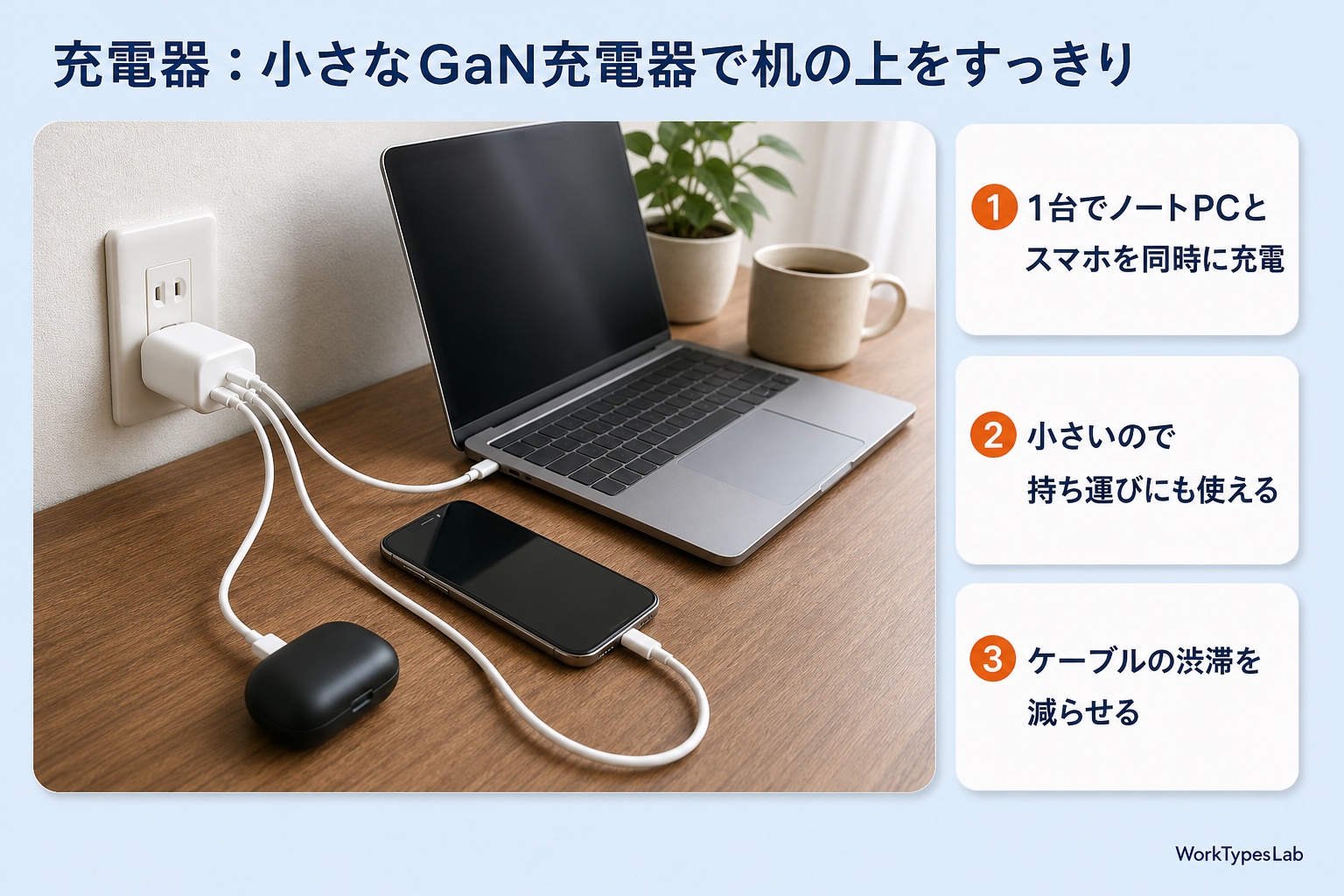 小型のGaN充電器1台からノートPC・スマートフォン・ワイヤレスイヤホンへ同時に充電する図解