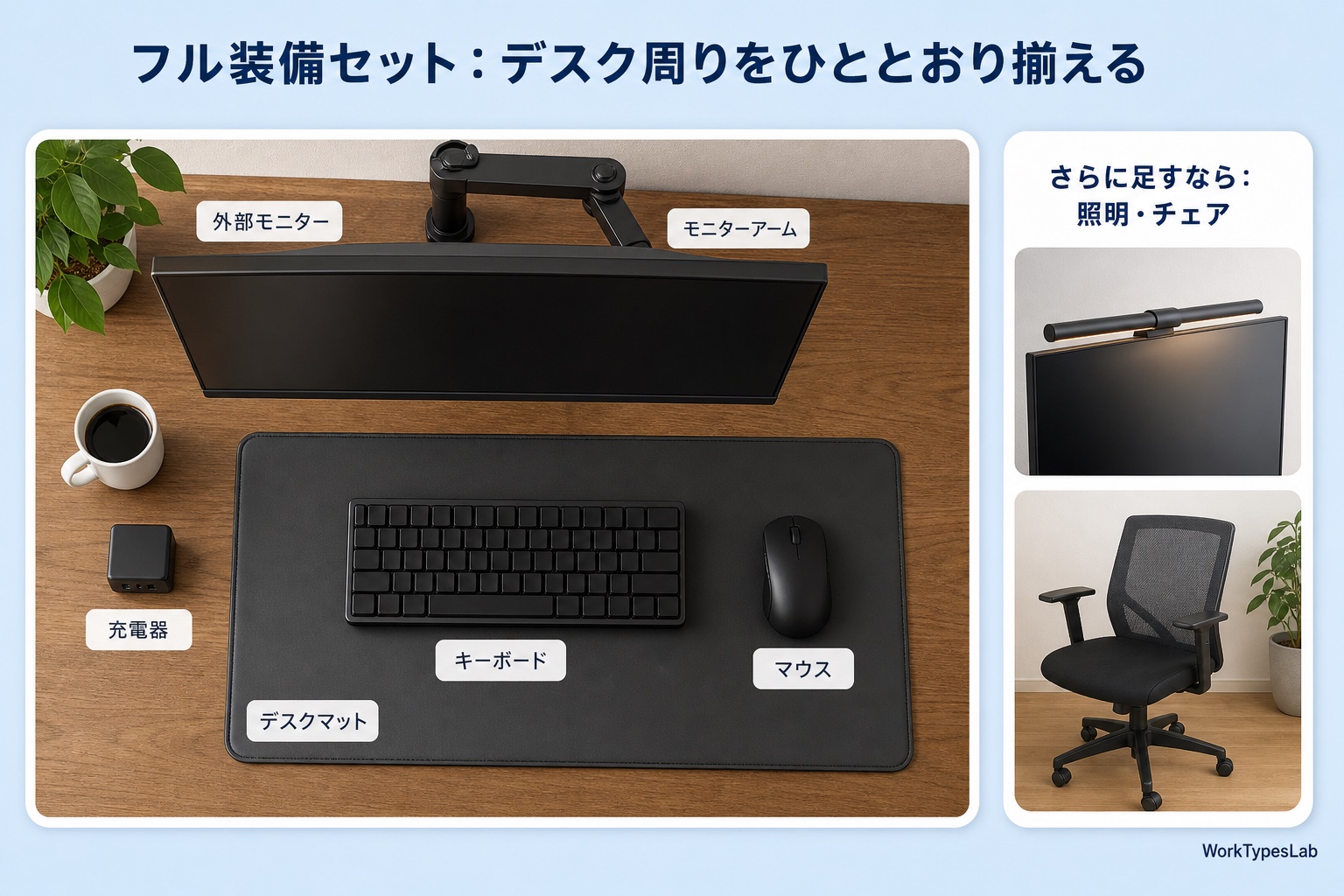 外部モニター・モニターアーム・キーボード・マウス・デスクマット・充電器を揃えた机を真上から見た図解