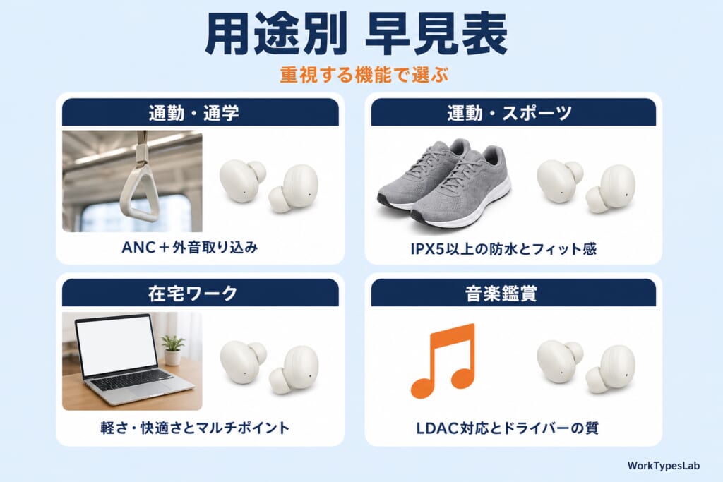 用途別のワイヤレスイヤホン早見表（通勤・通学はANCと外音取り込み、運動はIPX5以上の防水とフィット感、在宅ワークは軽さとマルチポイント、音楽鑑賞はLDAC対応とドライバーの質）