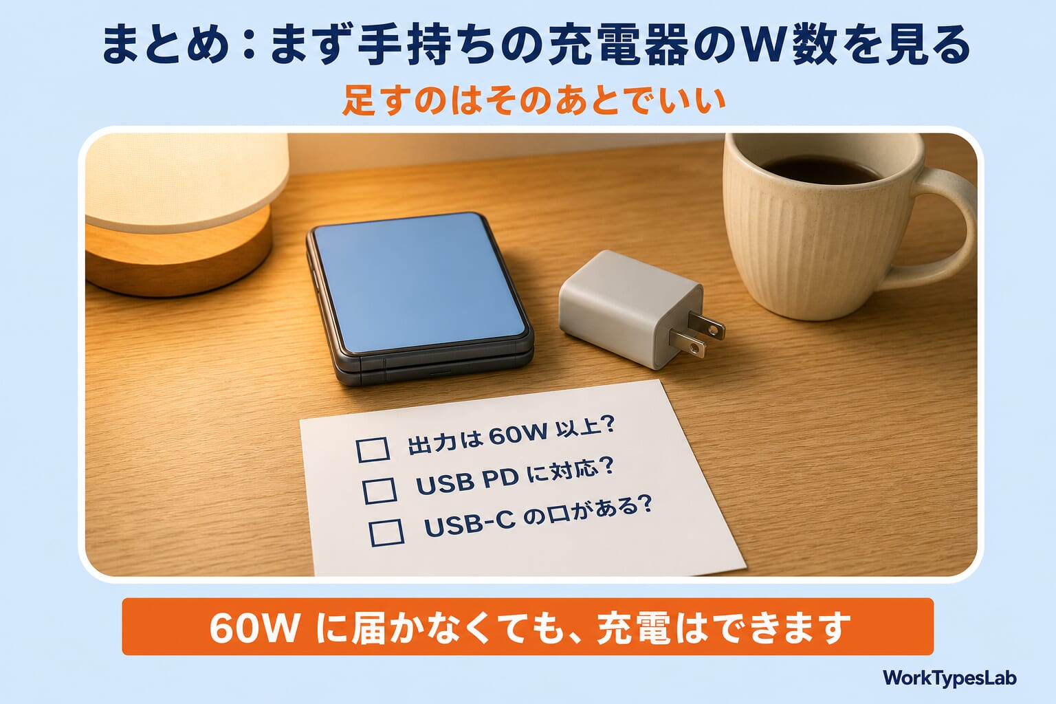 まとめの図解：出力は60W以上？USB PDに対応？USB-Cの口がある？の3つのチェックを書いたメモと、夜の机の上の折りたたみ式スマートフォンとUSB-C充電器