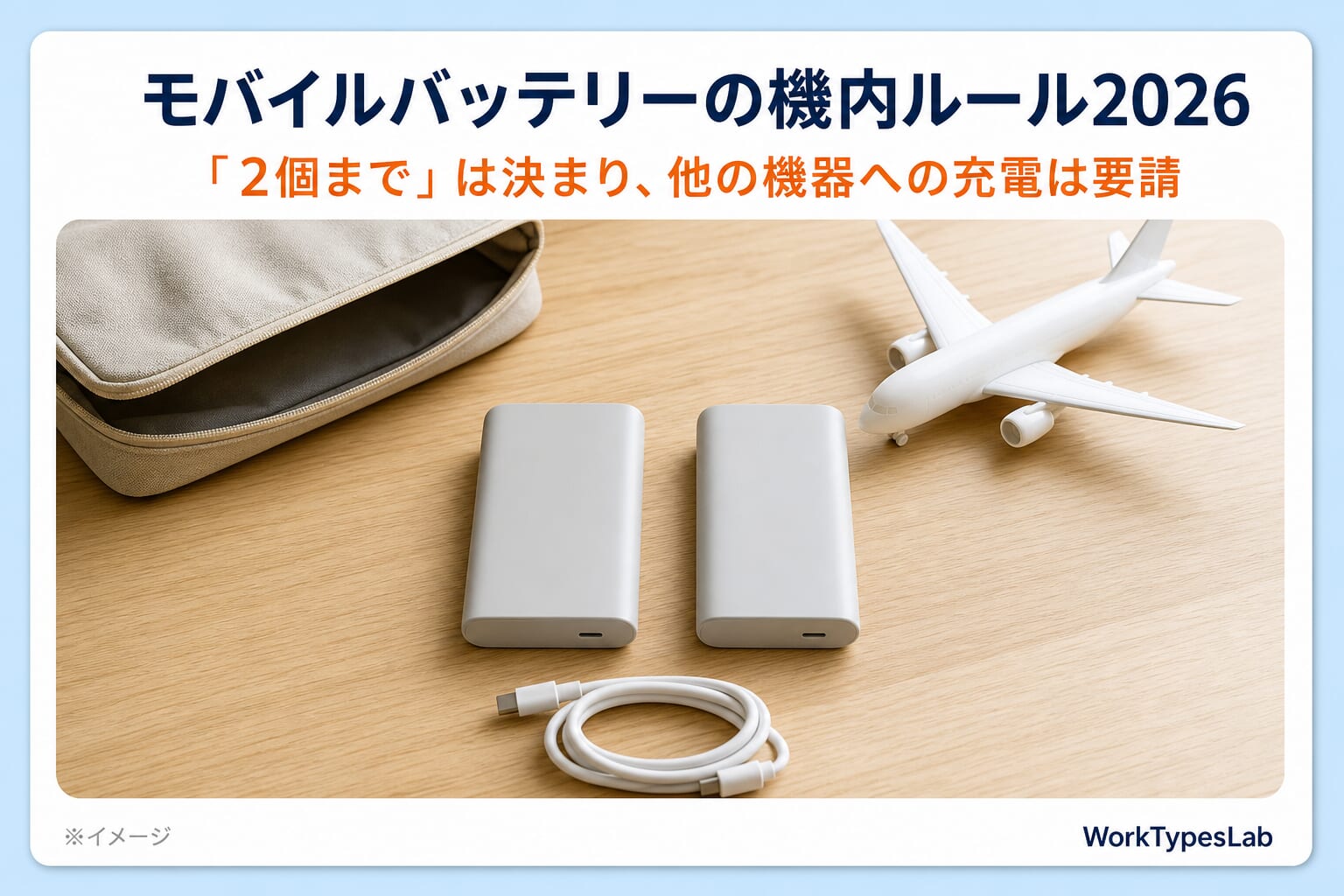 モバイルバッテリーの機内ルール2026のアイキャッチ|「2個まで」は決まり、他の機器への充電は要請