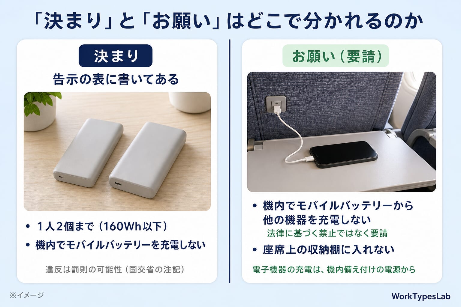 「決まり」と「お願い」の境界の図解:告示の表に書いてある2点と、航空局が要請する他の機器への充電・収納棚