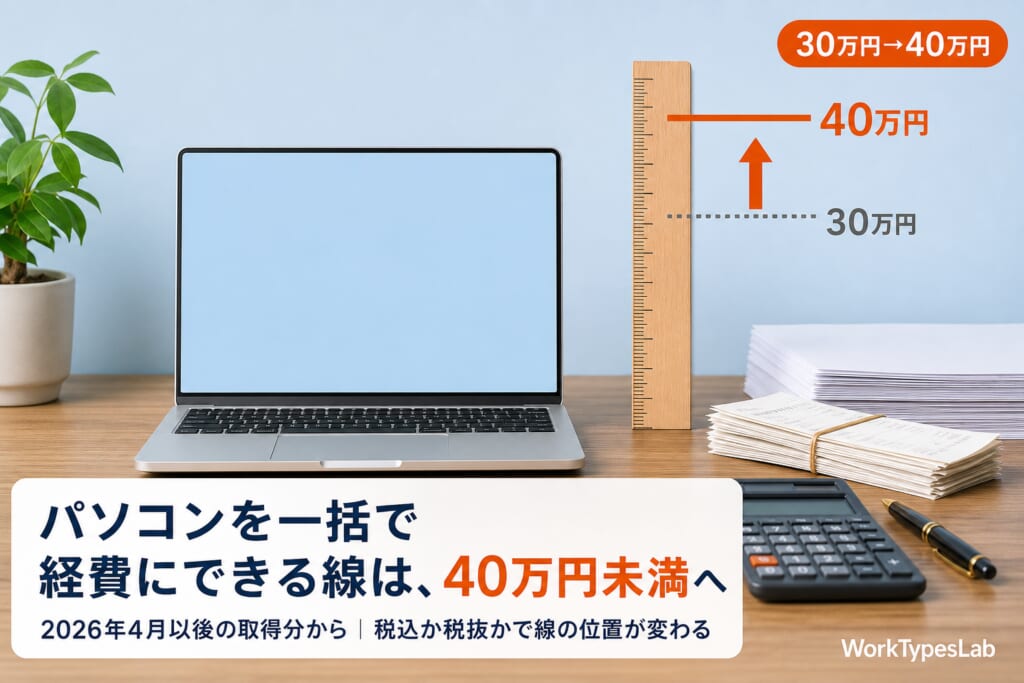 パソコンを一括で経費にできる線が30万円未満から40万円未満に上がったことを示す図