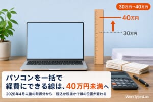 パソコンを一括で経費にできる線が30万円未満から40万円未満に上がったことを示す図