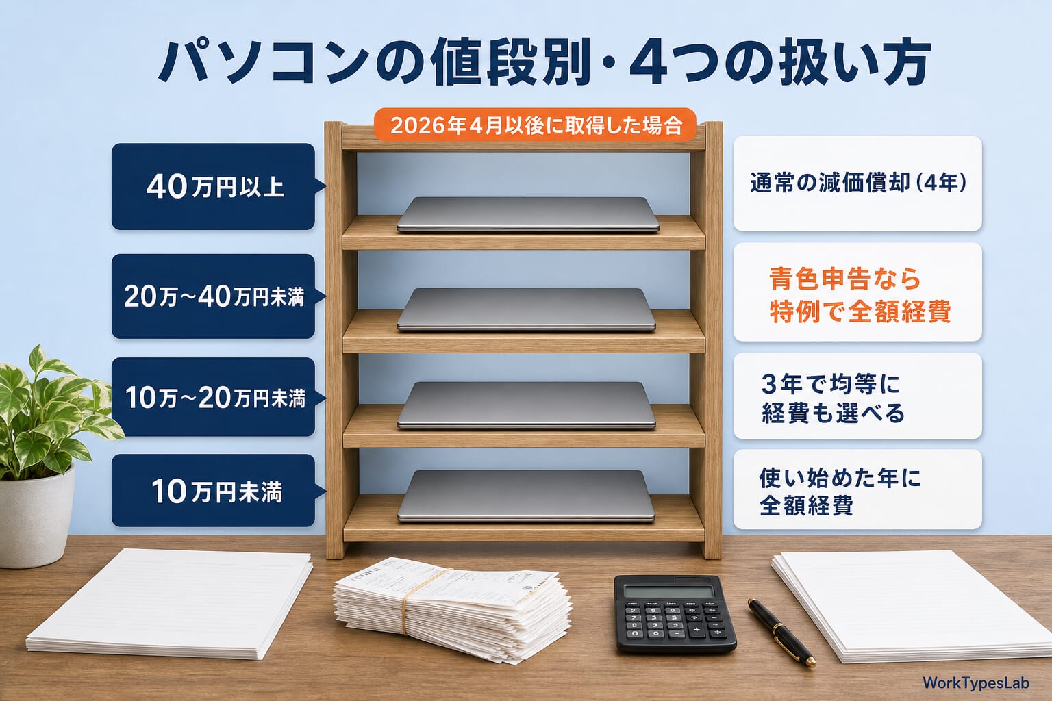 パソコンの取得価額ごとの4つの経費処理の図