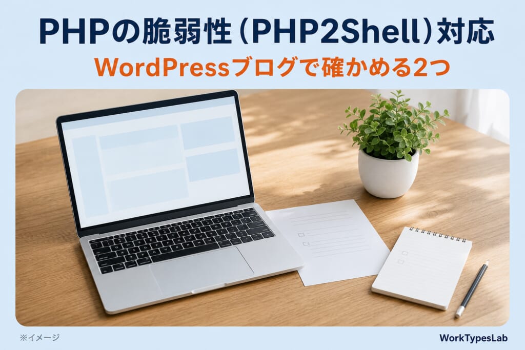 PHPの脆弱性（PHP2Shell）対応、WordPressブログで確かめる2つと書いたアイキャッチ。木の机の上にノートパソコン、お知らせの紙、チェック欄が2つのメモ