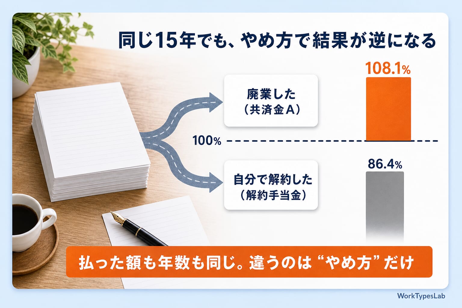 同じ15年でも任意解約と廃業で受取率が逆になることを示す図