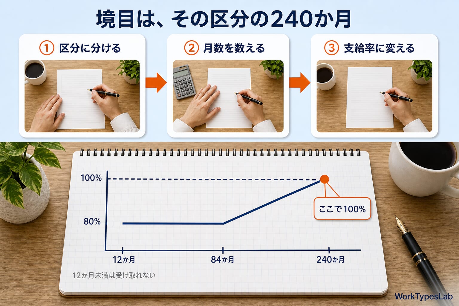 掛金区分ごとの納付月数から支給率を求める3つの手順の図