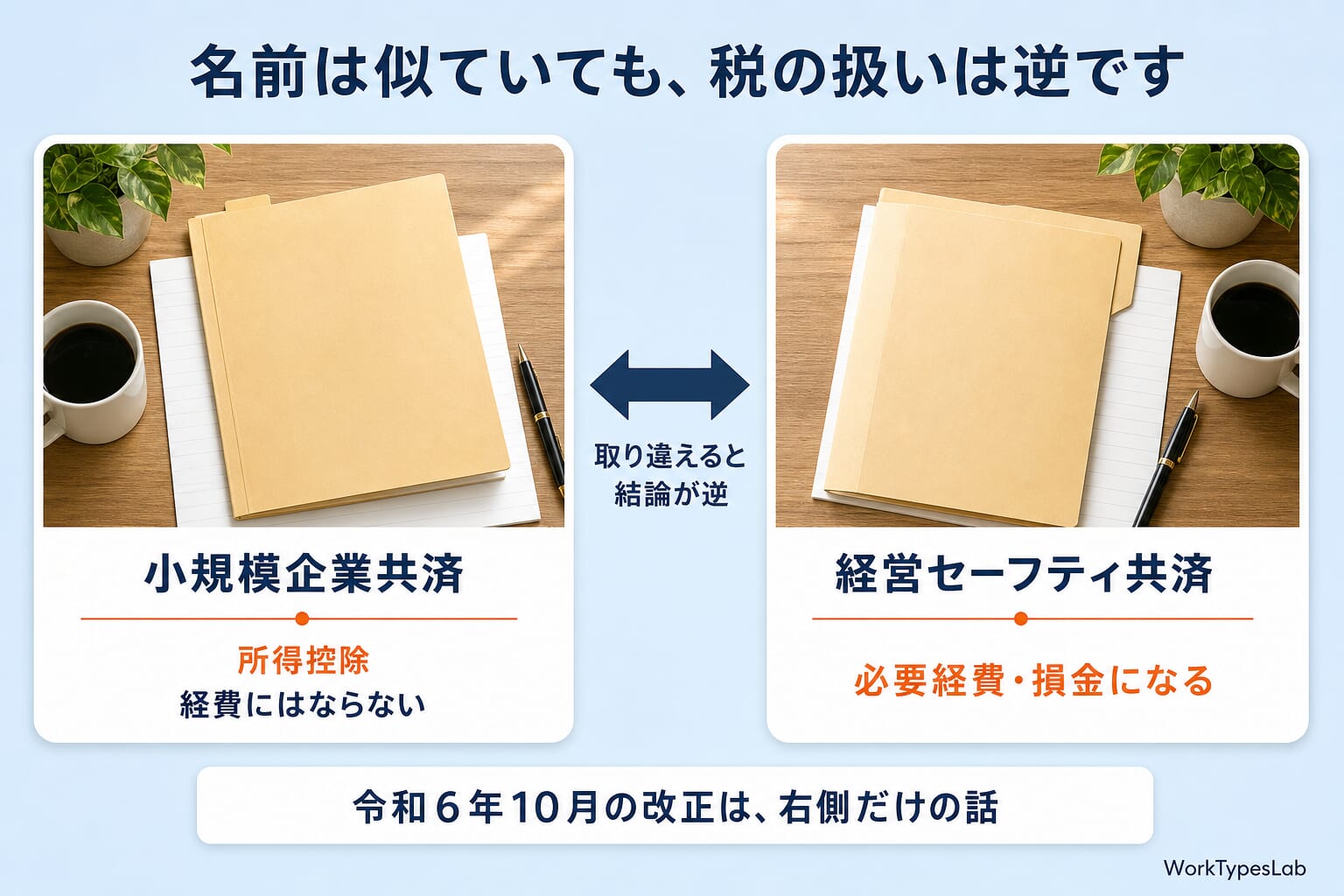 小規模企業共済と経営セーフティ共済の税務上の扱いの違いの図