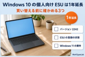 Windows 10の個人向けESUは1年延長。買い替える前に確かめる3つ（バージョン22H2・ESUの登録の状態・Windows 11の要件）を並べたアイキャッチ