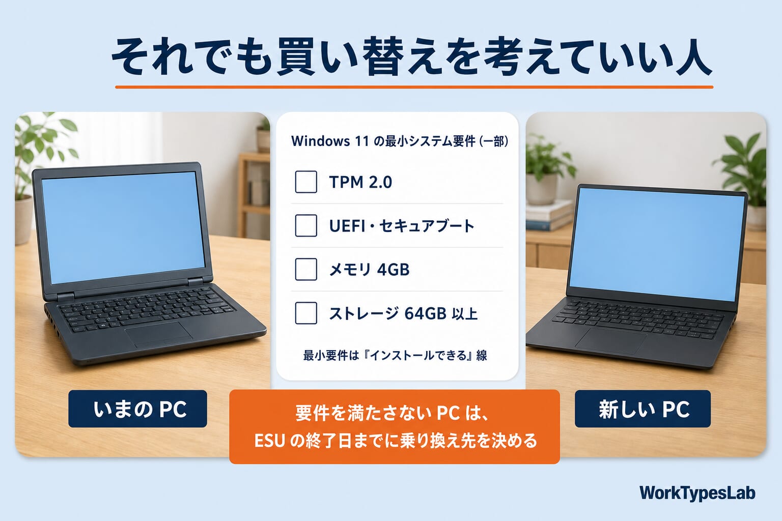 いまのPCと新しいPCの間に、Windows 11の最小システム要件の一部(TPM 2.0・UEFI・セキュアブート・メモリ4GB・ストレージ64GB以上)のチェックリストを置いた図解