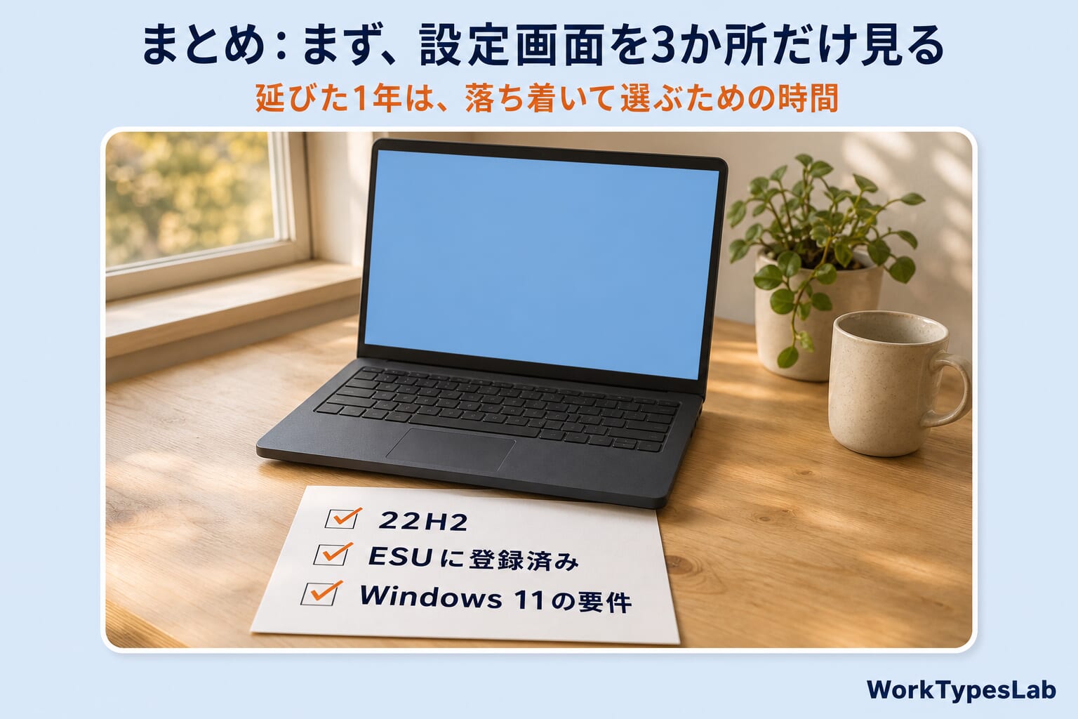 まとめの図解:設定画面で確かめる3か所(22H2・ESUに登録済み・Windows 11の要件)にチェックを入れたメモと、机の上のノートPC