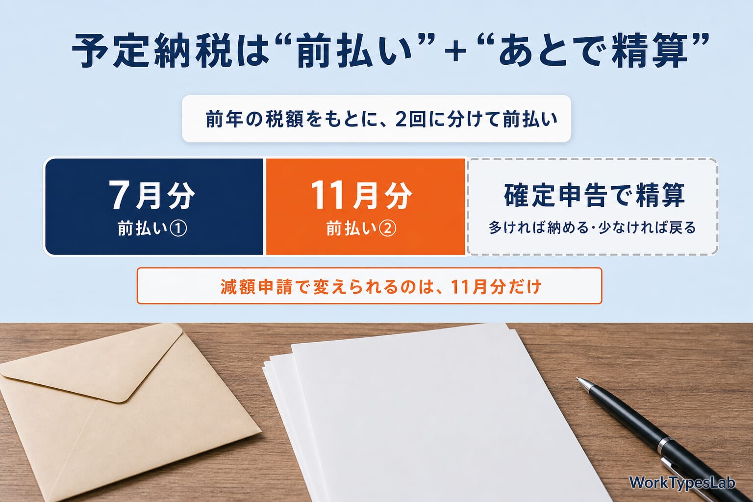 予定納税が7月と11月の前払いと確定申告の精算に分かれる仕組みの図