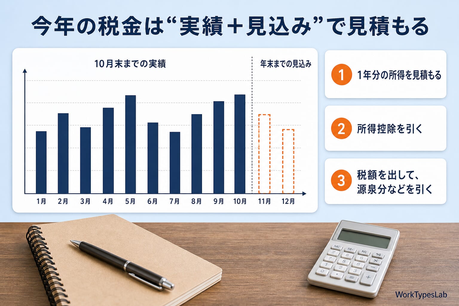 10月末までの実績と年末までの見込みで見積もる手順の図